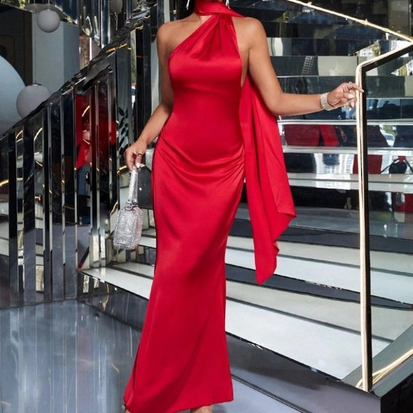 Red Womens Asymmetric Dress - Picture 4 of 4